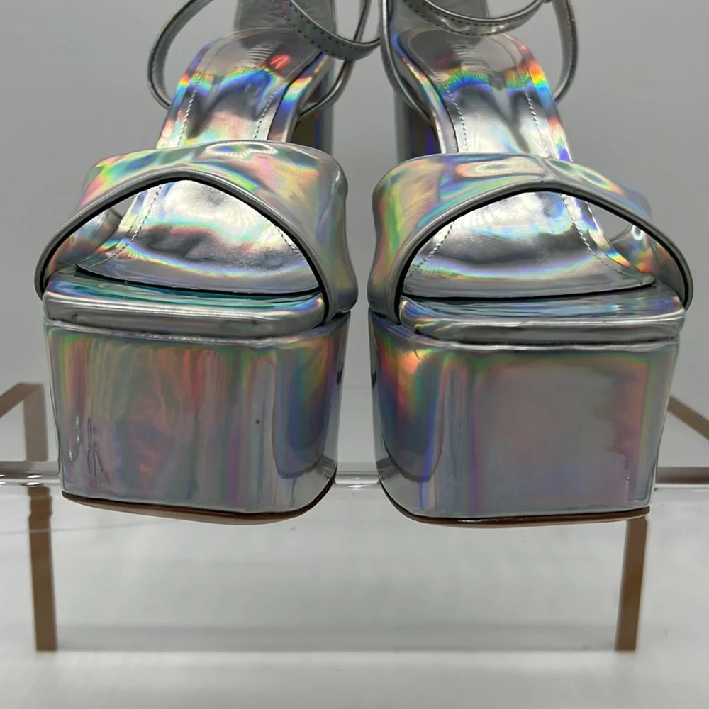 SCHUTZ NWB Aryia Metallic Faux Leather Platform Sandals Spechio Holographic